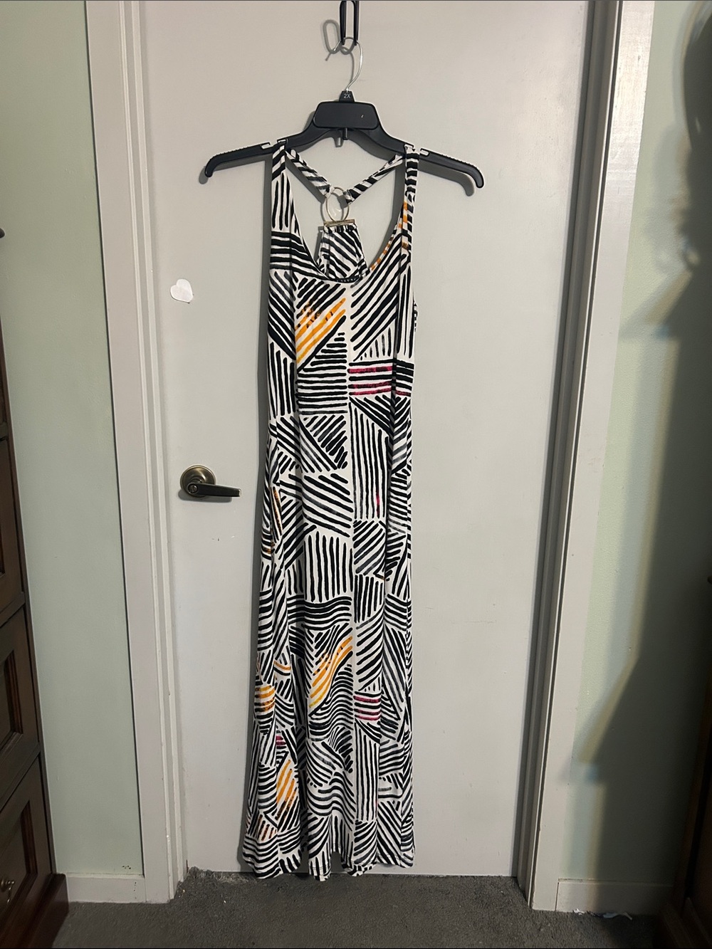 Ivanka Trump Black & White Striped Maxi Dress with Pink and Yellow Accents